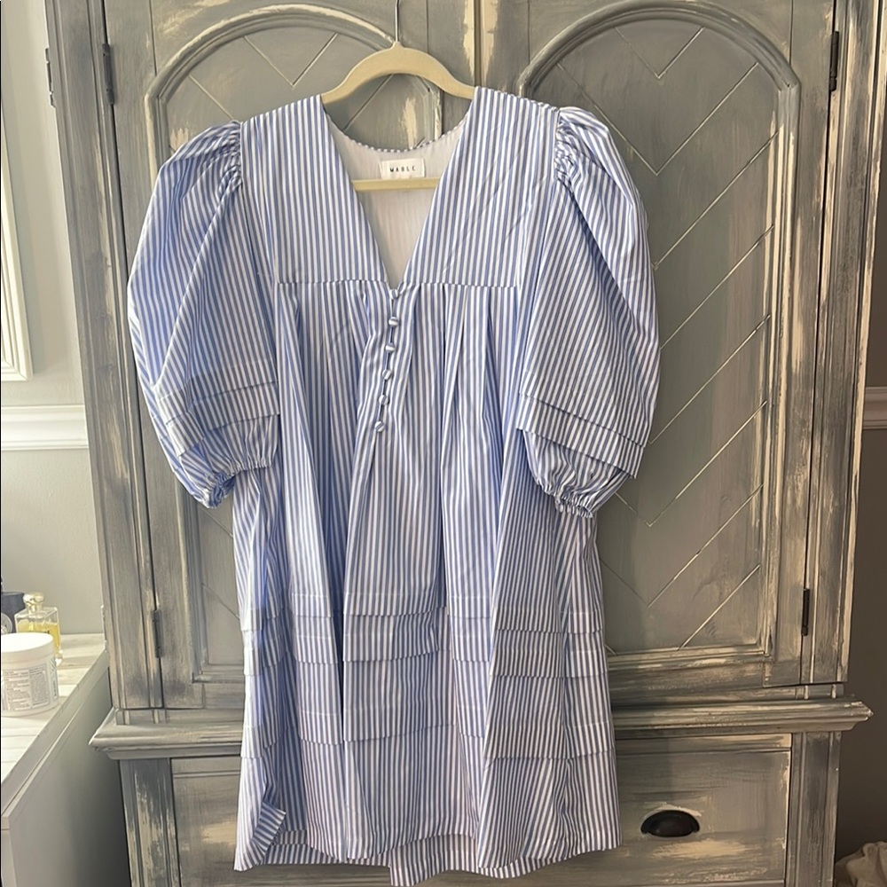 Blue and White Striped Puff Sleeve Dress